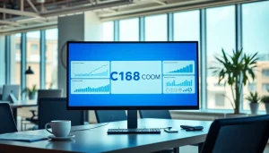 C168 COM logo on a digital interface in a modern office workspace.