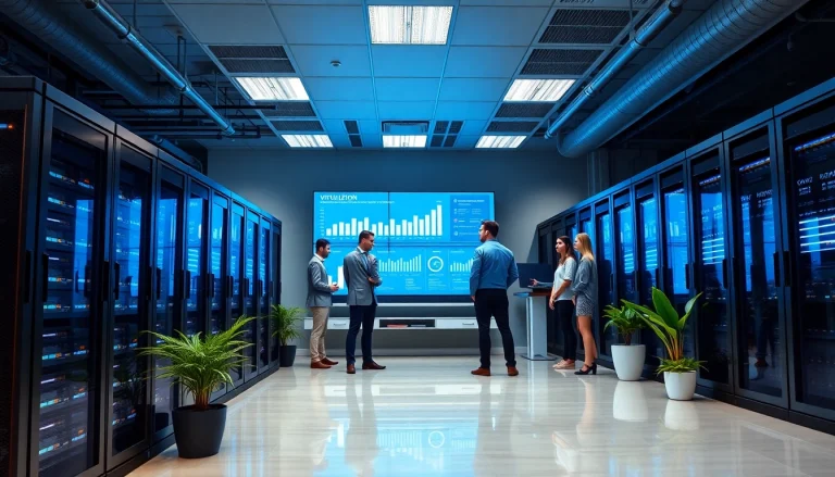 Engaged professionals utilizing virtualization Fredericksburg technology in a modern server room.