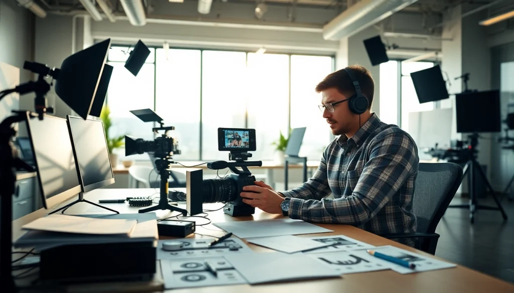 Implement a video content strategy with a videographer's tools in a bright office.