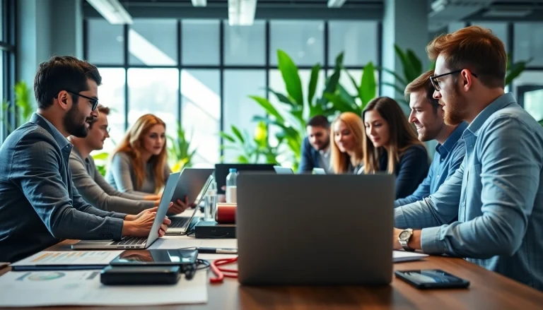 Local SEO agency professionals collaborating in a bright, modern office setting.