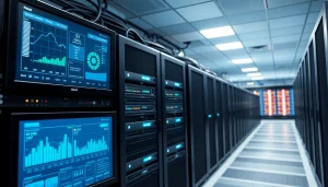 NAS & SAN Storage Deployment showcased in a sophisticated data center, featuring advanced servers and metrics.
