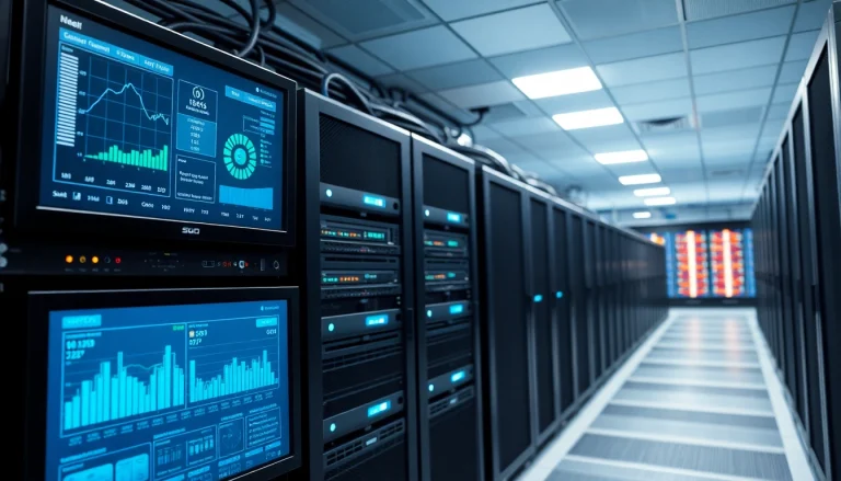 NAS & SAN Storage Deployment showcased in a sophisticated data center, featuring advanced servers and metrics.