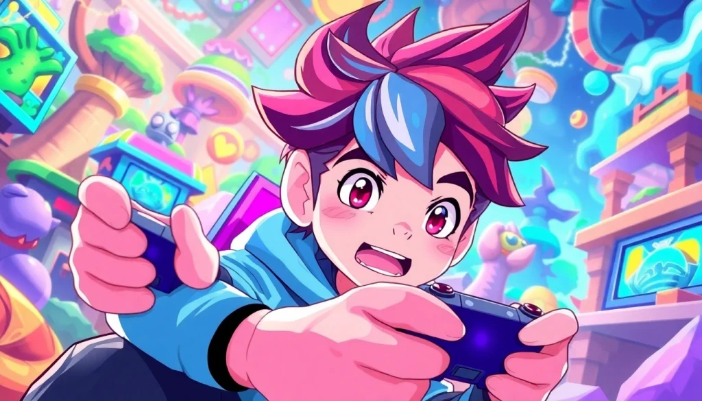 Engaging gaming character playing Yono games in a vibrant, colorful environment.