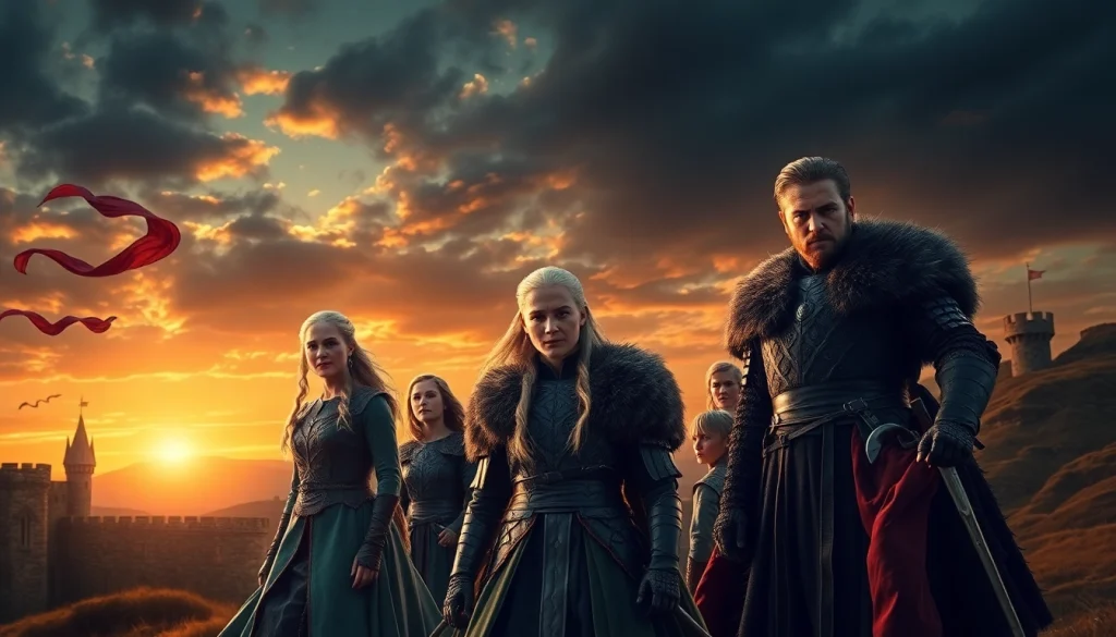 Showcasing the Game of Thrones cast portraying their iconic characters in a dramatic medieval setting