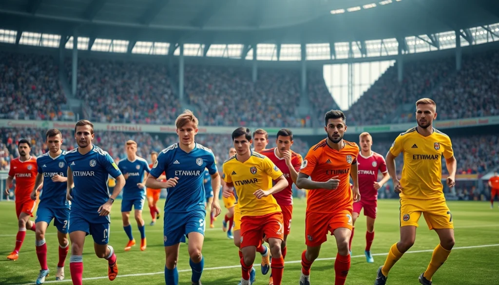 Showcase of team football kits worn by players in action on the field.