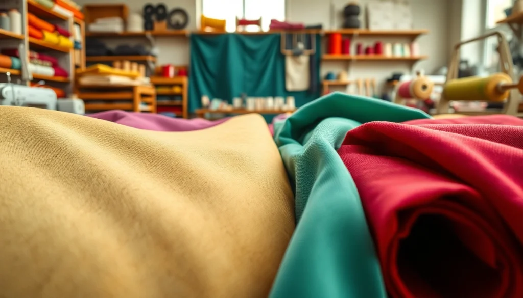 Punta di Roma stoffen in diverse kleuren en texturen, gepresenteerd in een textielwerkplaats.