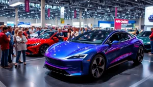 Experience the excitement of the Auto Cars Show featuring a futuristic electric vehicle and enthusiastic attendees.