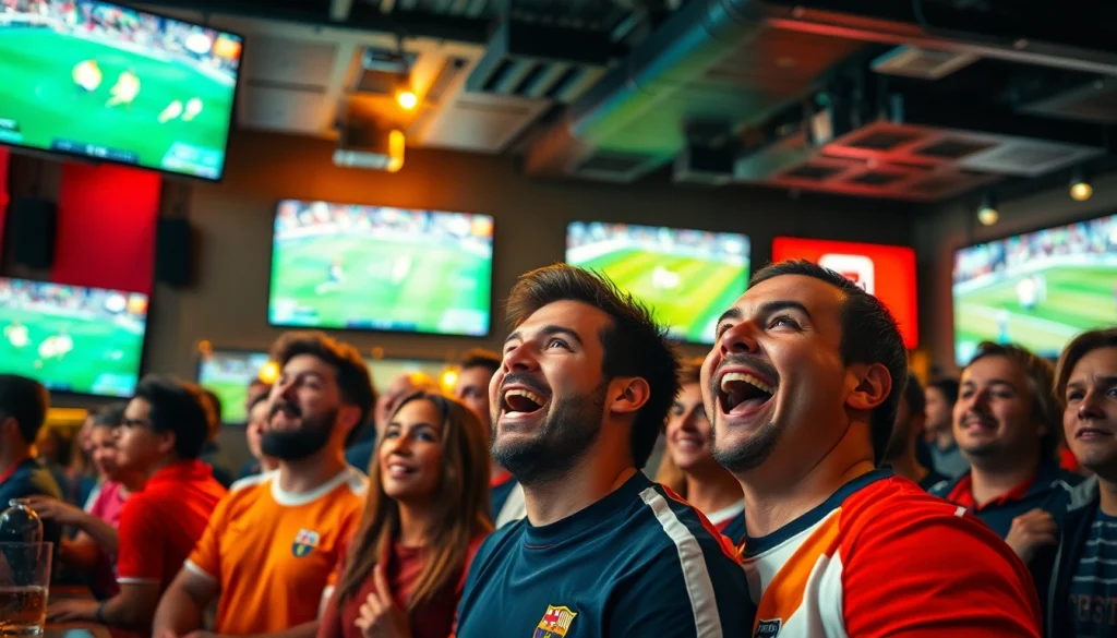 스포츠중계 팬들이 스포츠 바에서 팀을 응원하는 모습