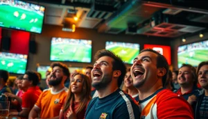 스포츠중계 팬들이 스포츠 바에서 팀을 응원하는 모습