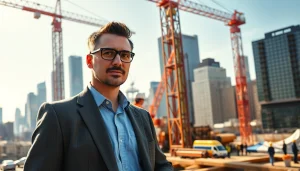 New York Construction Manager directing a dynamic construction site in New York City.