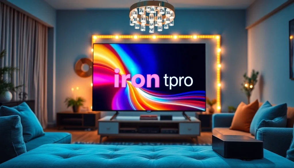 Showcase of iron tv pro in a luxurious living room streaming setup with elegant lighting.