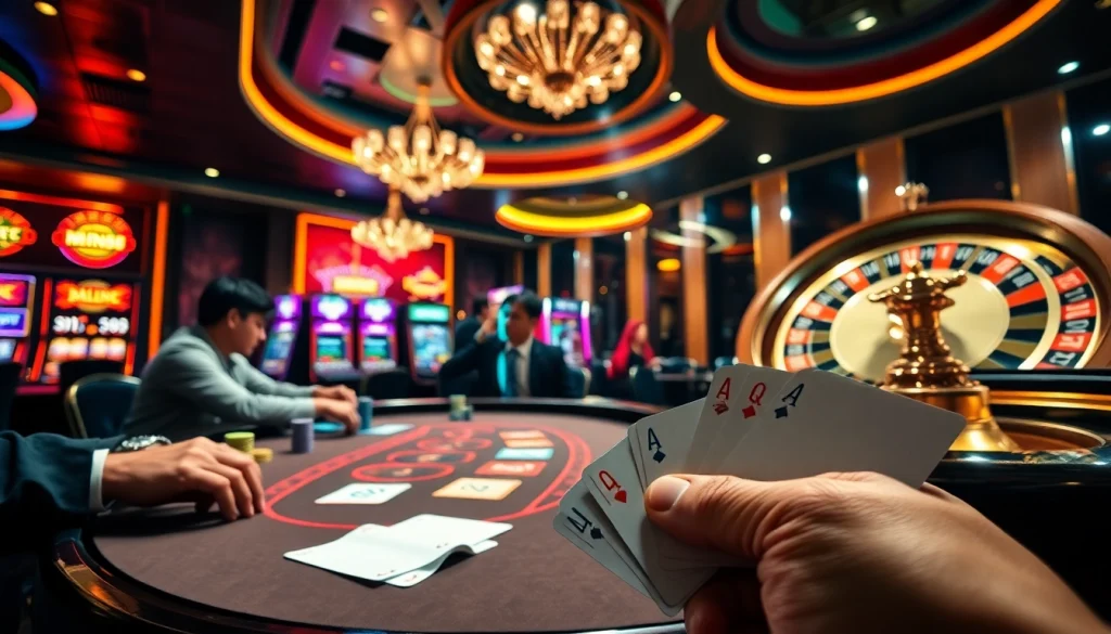 Experience the excitement of MM88 at a vibrant poker table surrounded by intense players and colorful betting chips.