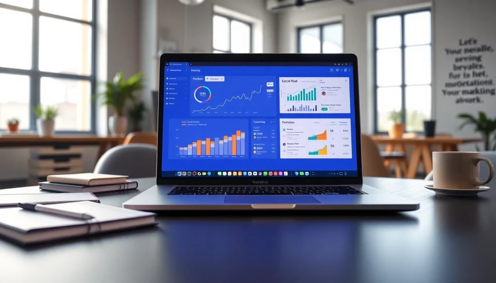 Visualize an engaging workspace with a laptop showcasing a cheap smm panel analytics dashboard, enhancing digital marketing effectiveness.