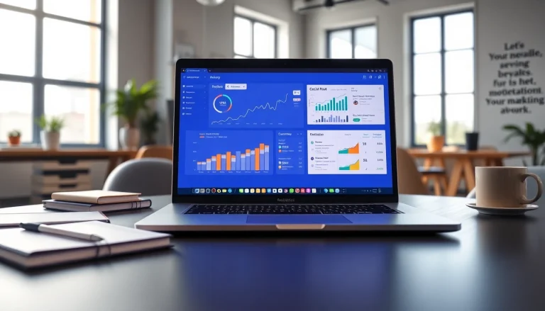 Visualize an engaging workspace with a laptop showcasing a cheap smm panel analytics dashboard, enhancing digital marketing effectiveness.