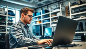 Providing computer services with a professional technician in a modern tech environment.