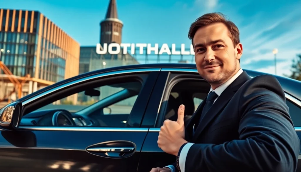 Chauffeur Nottingham welcoming clients in a luxury vehicle near a Nottingham landmark.