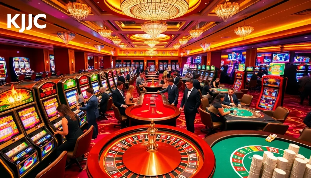 Casino gaming scene featuring KJC brand elements, showcasing vibrant tables and exciting players.