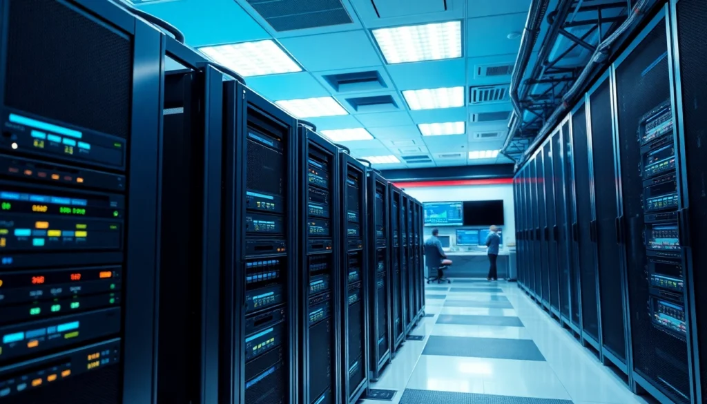 Engaging NAS & SAN Storage Deployment in a dynamic data center with sleek servers and digital displays.