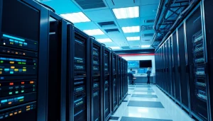 Engaging NAS & SAN Storage Deployment in a dynamic data center with sleek servers and digital displays.