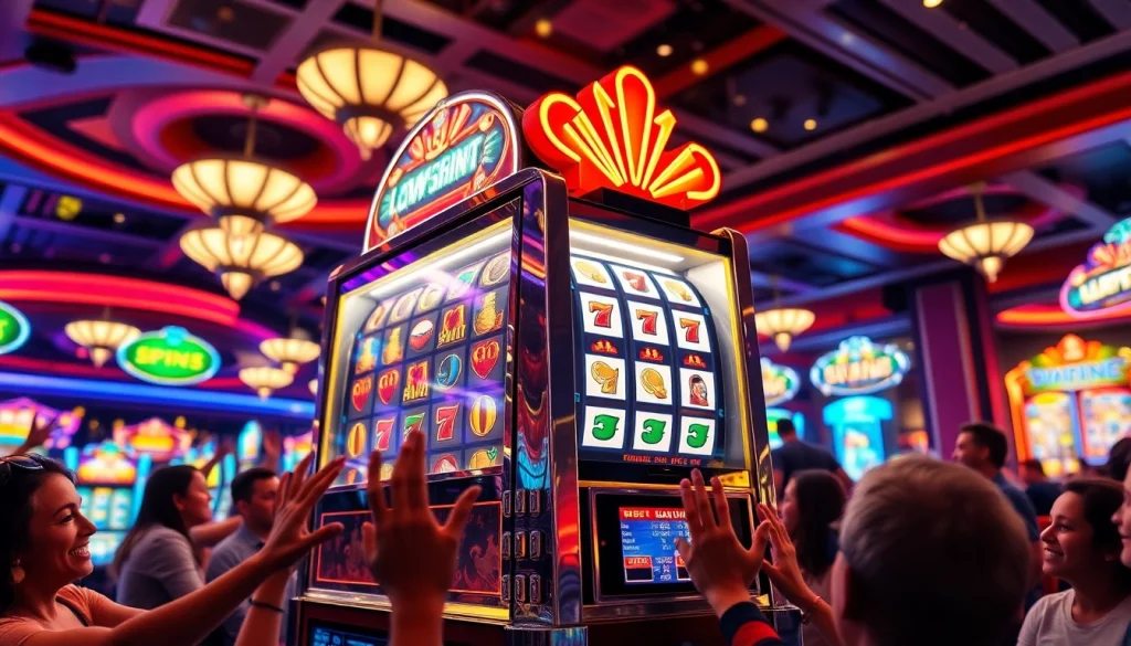 Bermain slot gacor hari ini dengan mesin yang berkilau dan suasana kasino yang energik.