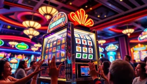 Bermain slot gacor hari ini dengan mesin yang berkilau dan suasana kasino yang energik.