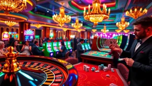 Experience the excitement of Hi 88 as players gather around a vibrant roulette wheel in a luxurious casino environment.