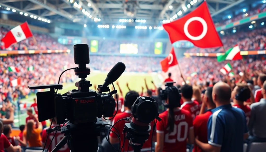 스포츠중계 중인 선수와 열정적인 관중의 모습이 생생하게 담겼습니다.