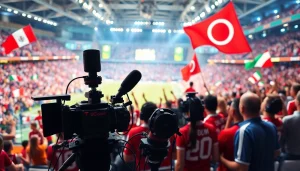 스포츠중계 중인 선수와 열정적인 관중의 모습이 생생하게 담겼습니다.