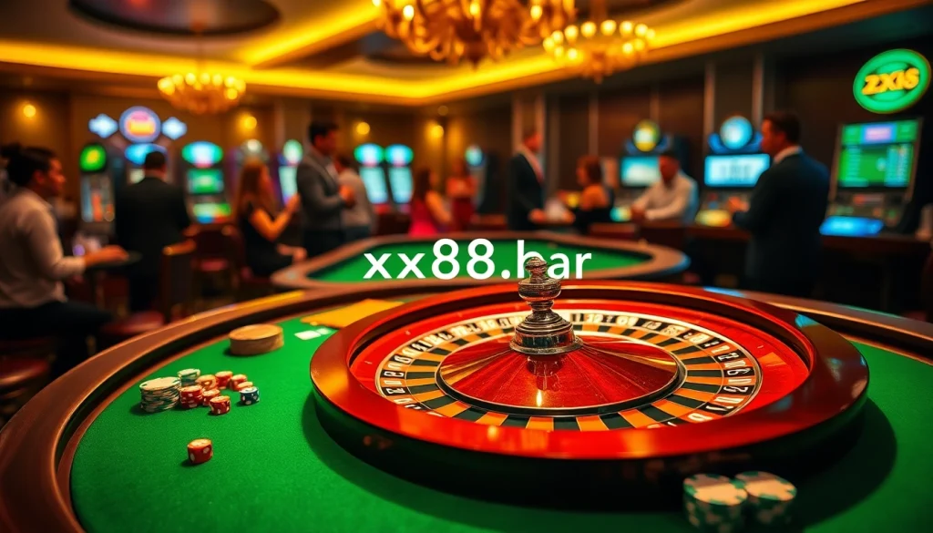 Engage with the thrill of roulette and slots at https://xx88.bar/, showcasing vibrant poker chips in a lively casino setting.