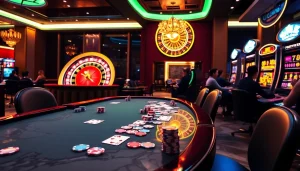 Experience thrilling gameplay at https://jun88.buzz/, featuring vibrant casino tables, spinning roulette wheels, and lively players engaged in exciting games.