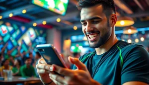 Experience the excitement of the best sports betting apps India with an athlete using a mobile device in a vibrant sports environment.