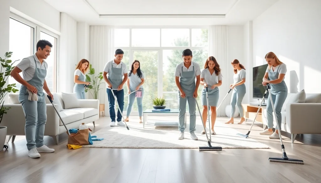 Efficient cleaning service in a stylish home, showcasing professionals maintaining cleanliness.