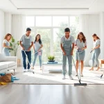 Efficient cleaning service in a stylish home, showcasing professionals maintaining cleanliness.