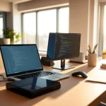 Engaging Technology setup in a workspace featuring a laptop, emphasizing productivity and innovation.