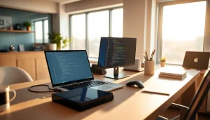 Engaging Technology setup in a workspace featuring a laptop, emphasizing productivity and innovation.
