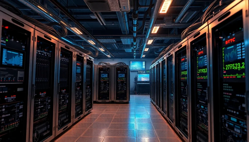 Bitcoin mining farm featuring ASIC miners and GPUs in a high-tech environment.