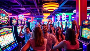 Menampilkan pakde4d slot yang menarik dengan pemain yang merayakan kemenangan di kasino.