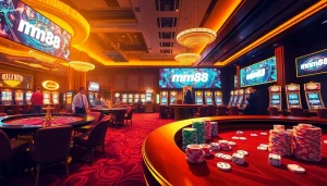 Experience the thrill of mm88 in a bustling casino, showcasing roulette tables, poker chips, and bright slot machines.