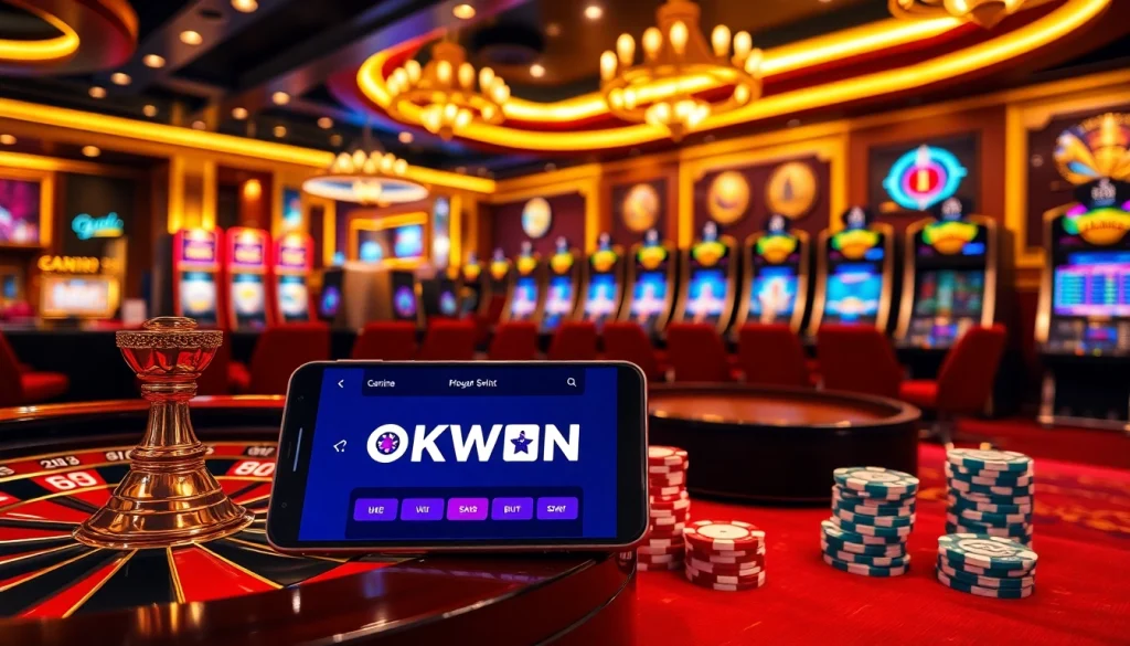 Engage with thrilling games using the OKWIN app in a luxurious casino setting.