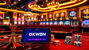 Engage with thrilling games using the OKWIN app in a luxurious casino setting.