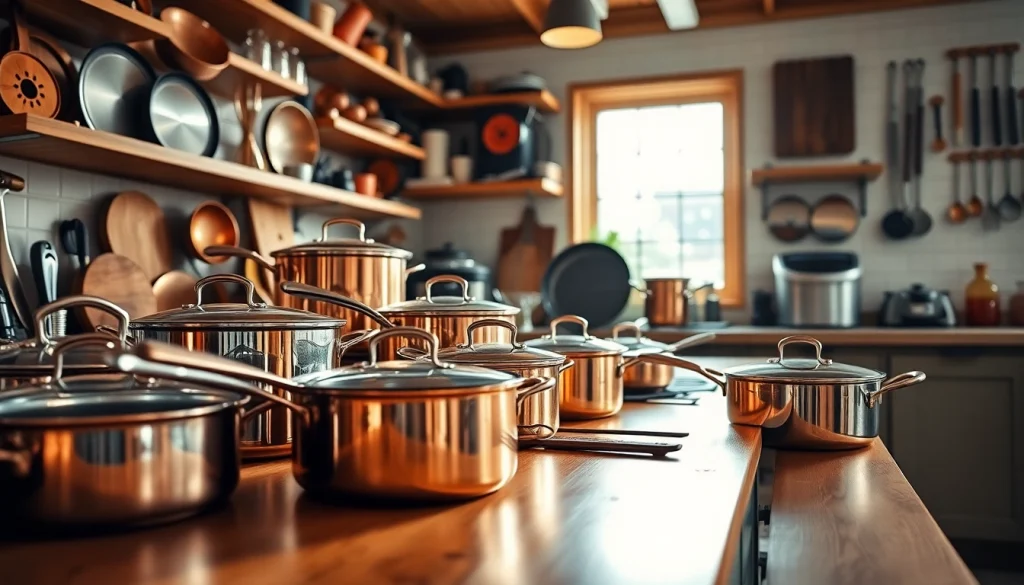 Cookware arrangement showcasing pots and pans in a bright kitchen setting.