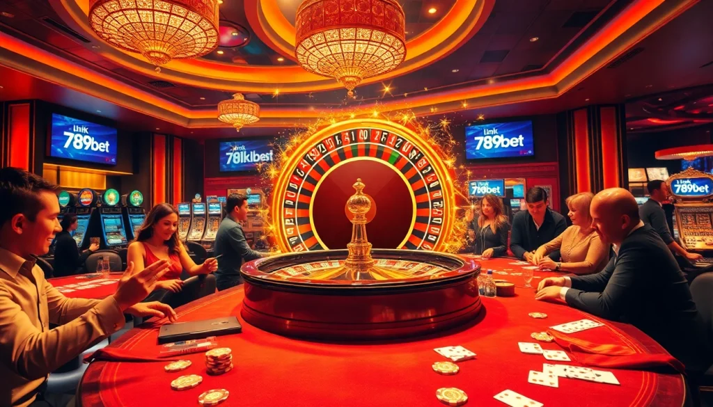 Gamblers enjoying a thrilling experience at the casino, capturing the essence of link 789bet amidst roulette and poker action.