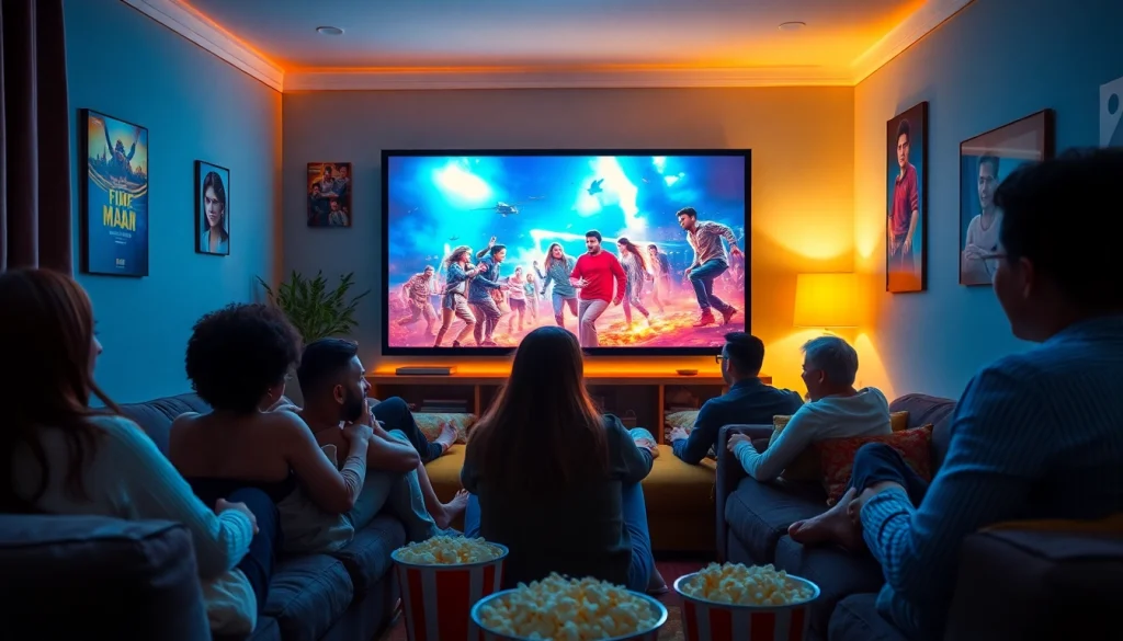 Friends enjoying a movie night featuring novos filmes online.