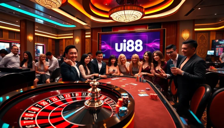 uu88 players gathering around a poker table filled with chips and cards in a vibrant casino.
