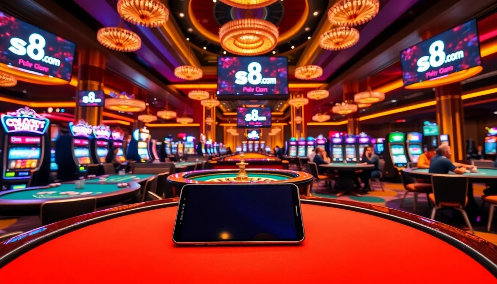 Engaging casino scene showcasing s8.com with roulette and poker tables, vibrant lights, and Samsung Galaxy S8.