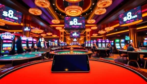 Engaging casino scene showcasing s8.com with roulette and poker tables, vibrant lights, and Samsung Galaxy S8.