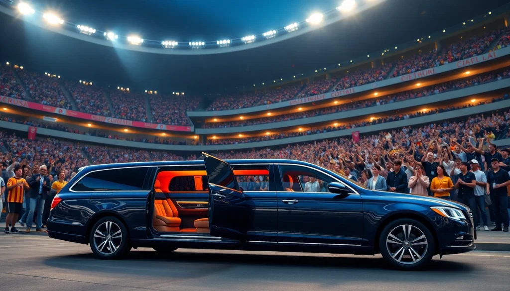 World Cup Group Transportation in a luxury limousine at a vibrant stadium with cheering fans.