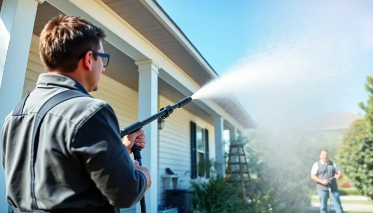 Soft wash in action, cleaning a residential home's exterior safely and effectively.