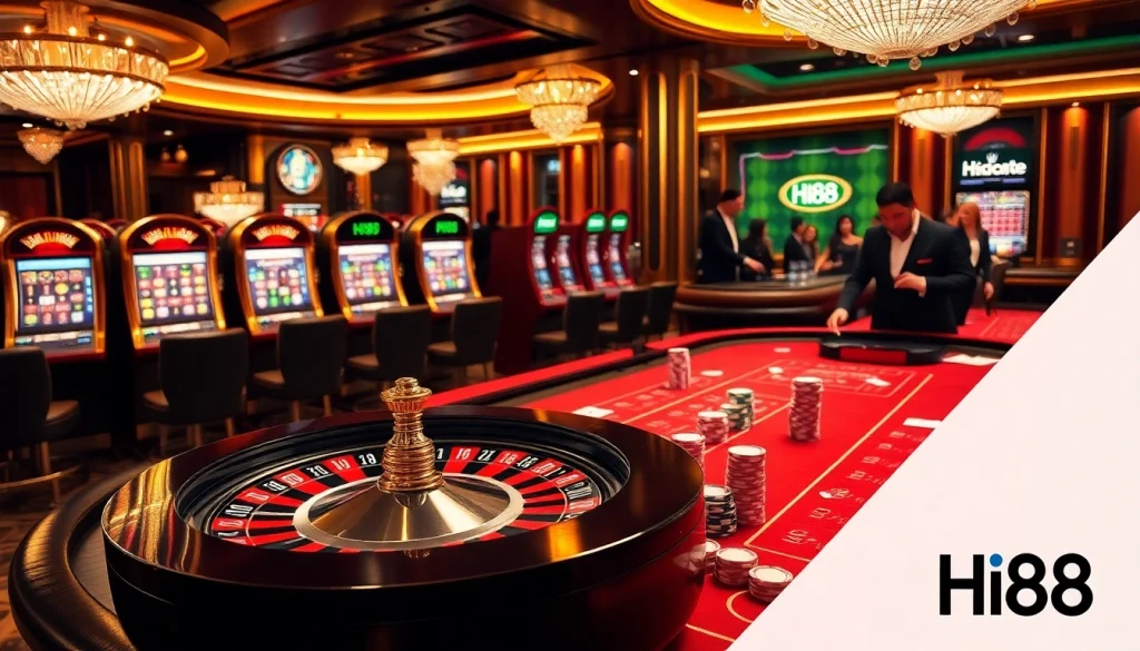 Experience exciting gameplay at Hi88's vibrant casino tables filled with roulette wheels and poker chips.