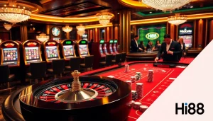 Experience exciting gameplay at Hi88's vibrant casino tables filled with roulette wheels and poker chips.
